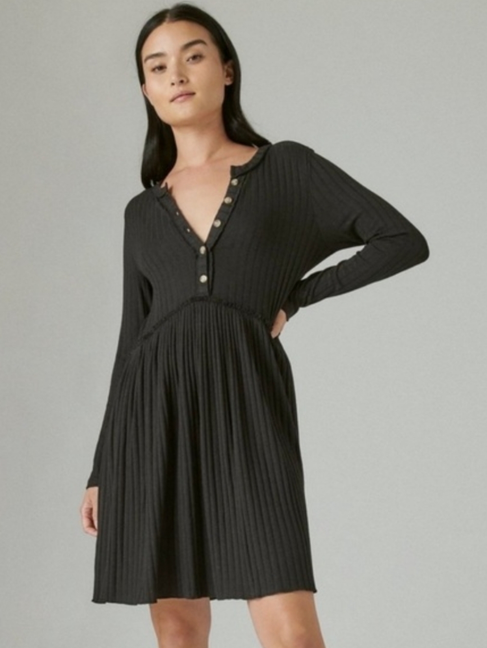 Charcoal Ribbed Button Front Knit Dress